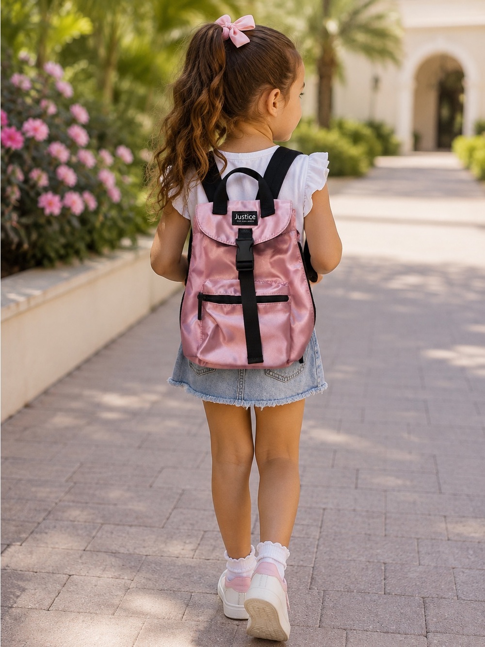 Justice Girls Light Pink Satin Mini Backpack with Black Trim